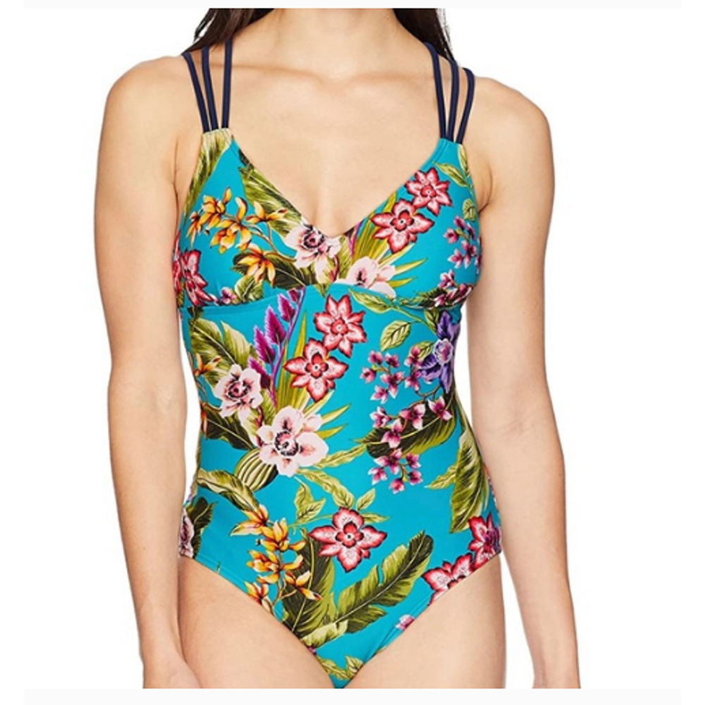 Coastal Blue Tropical Floral V-neck One Piece Swimsuit Multi Size L